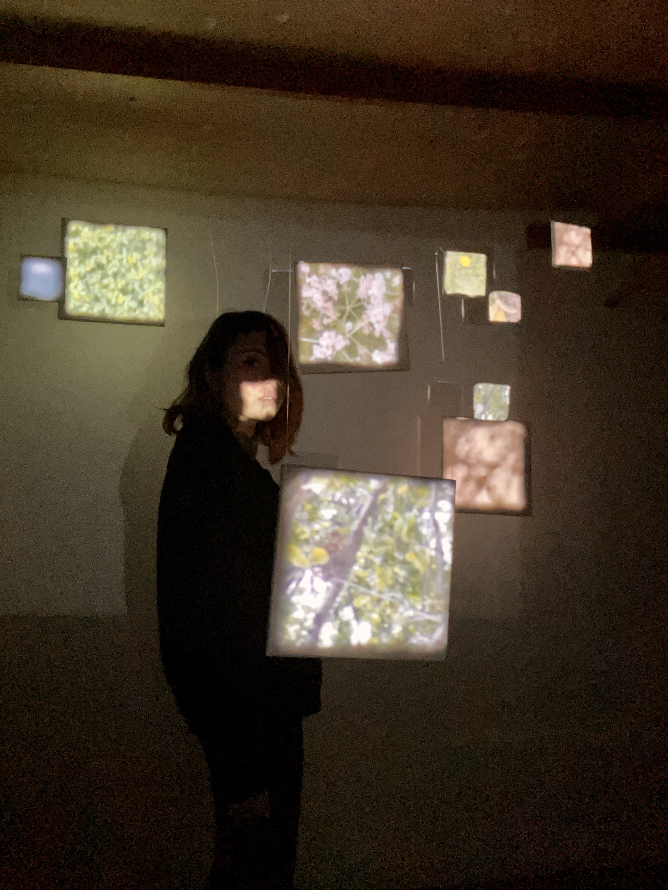 A person standing among the hanging squares, projected leaves falling across their face