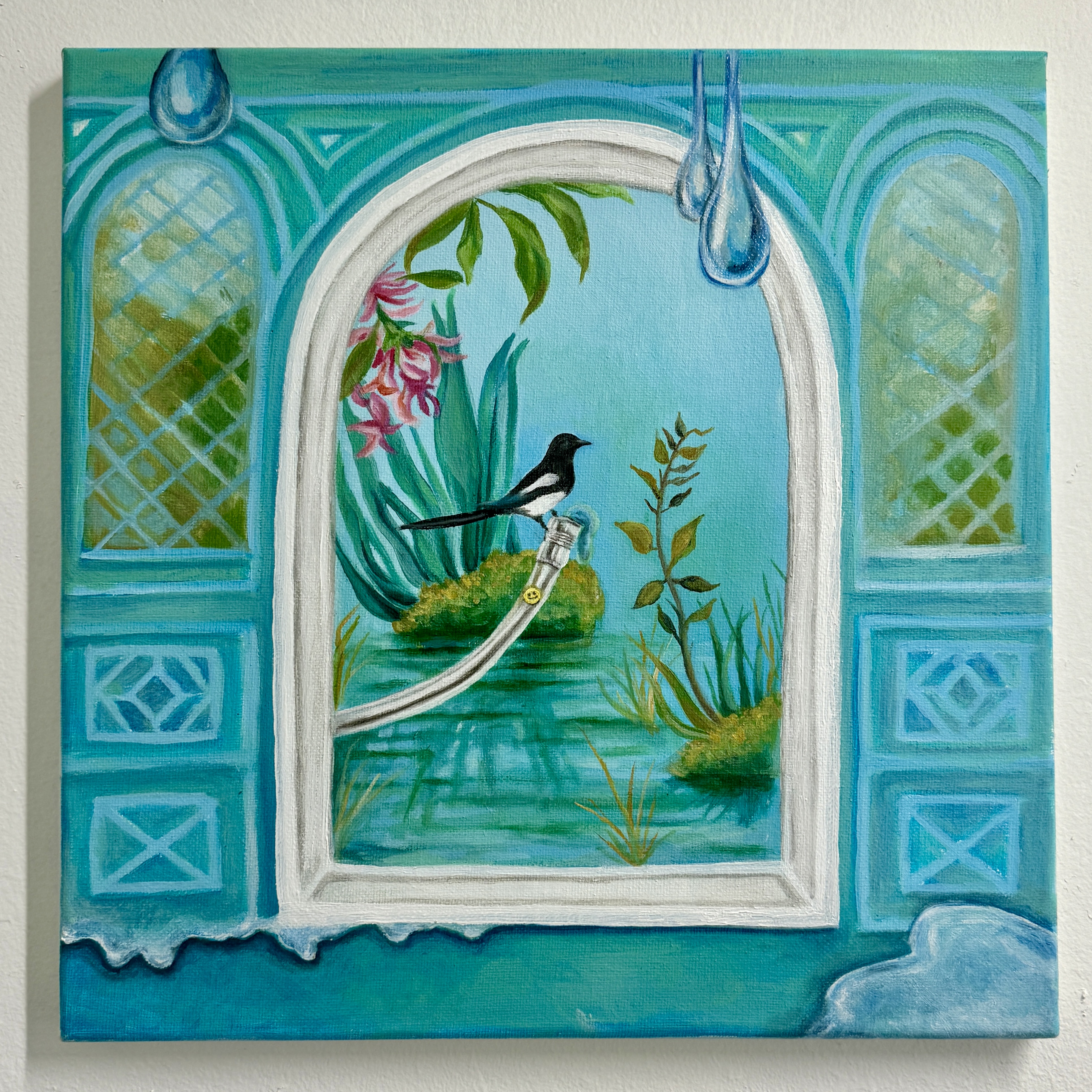 Painting of an arched garden window with a magpie perched on a hose nozzle