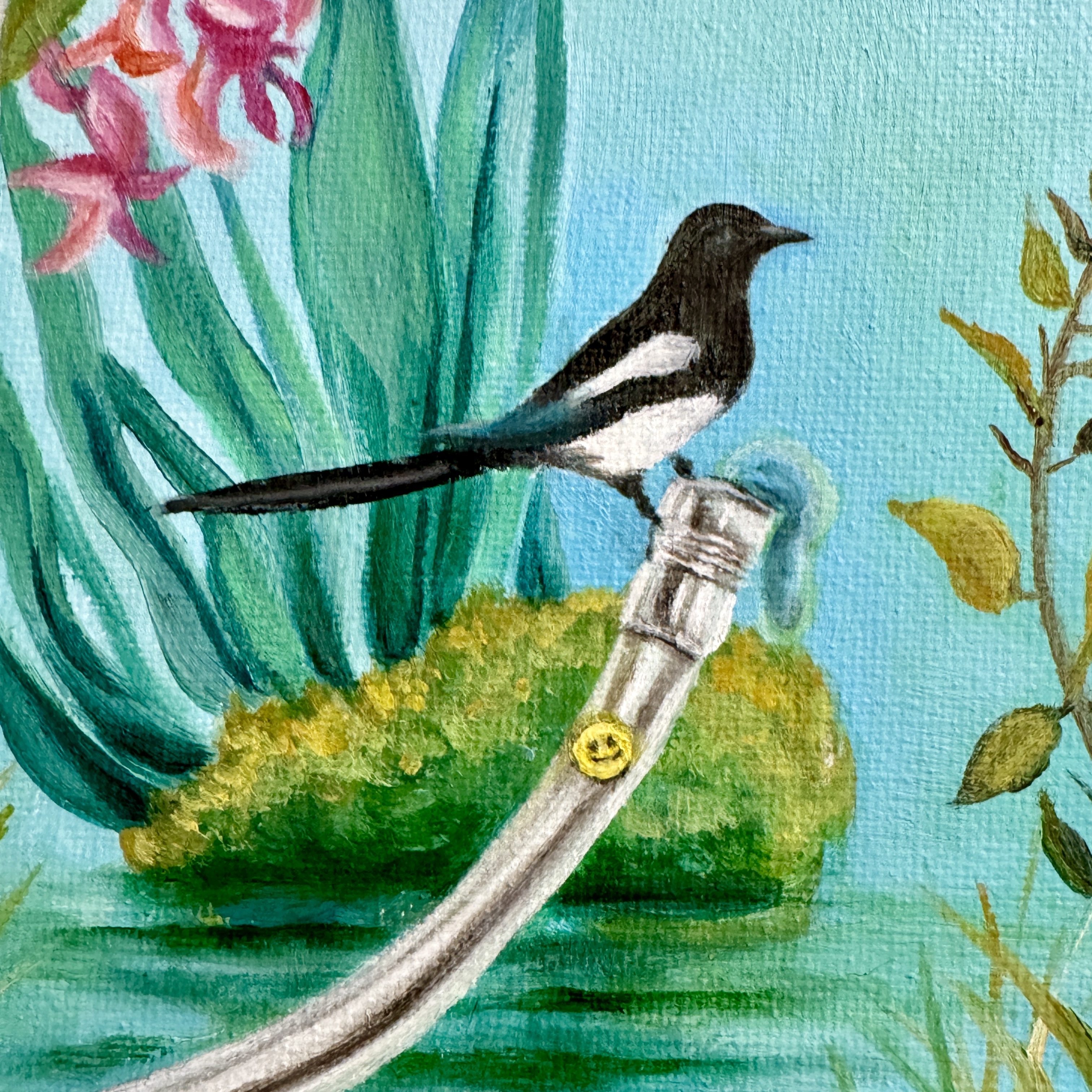 Detail of the magpie from the arched garden window painting