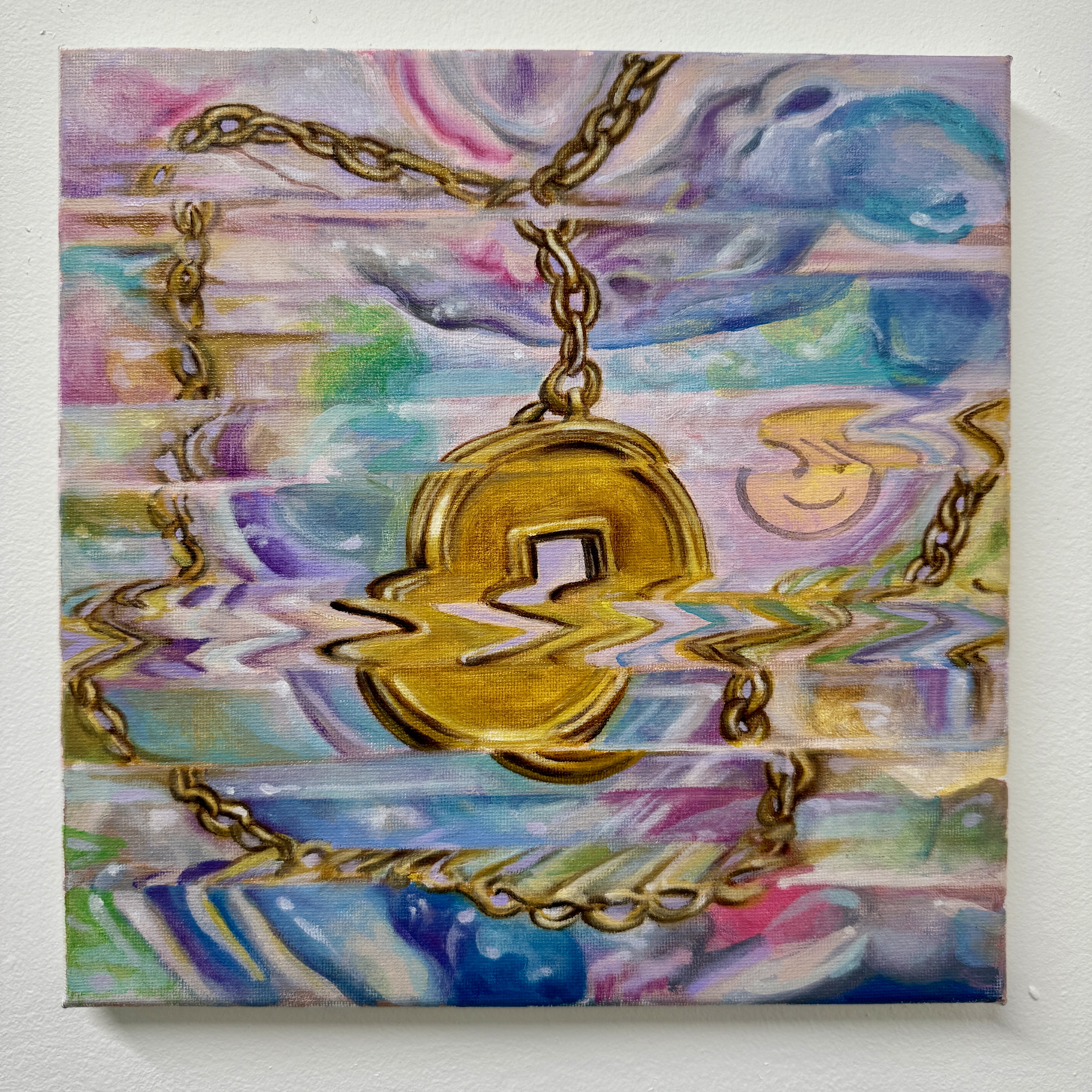 Painting of a gold coin pendant on a chain over a glitch-distorted background