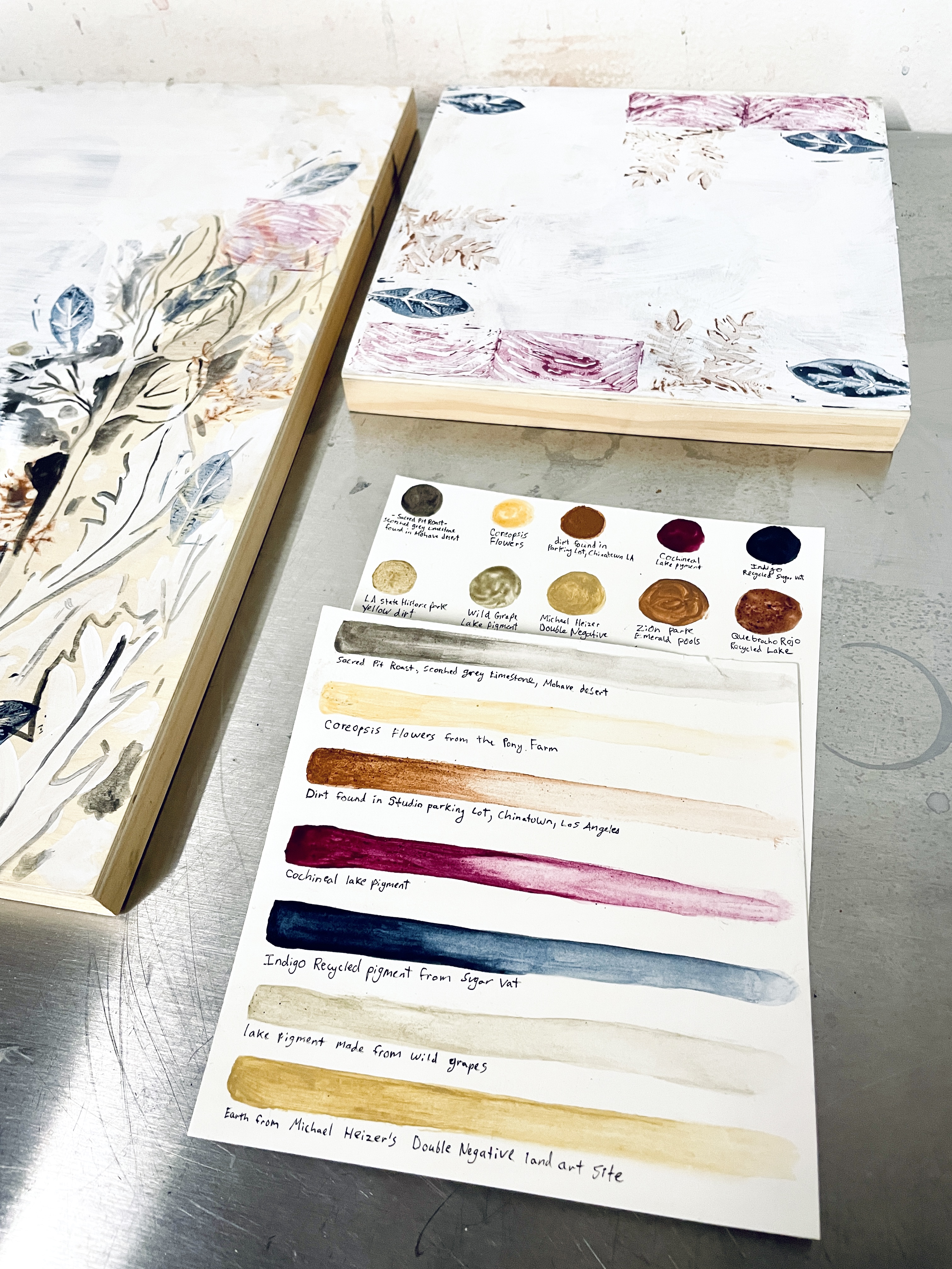 Natural pigment swatches, labeled by source: scorched limestone, cochineal, indigo, wild grape