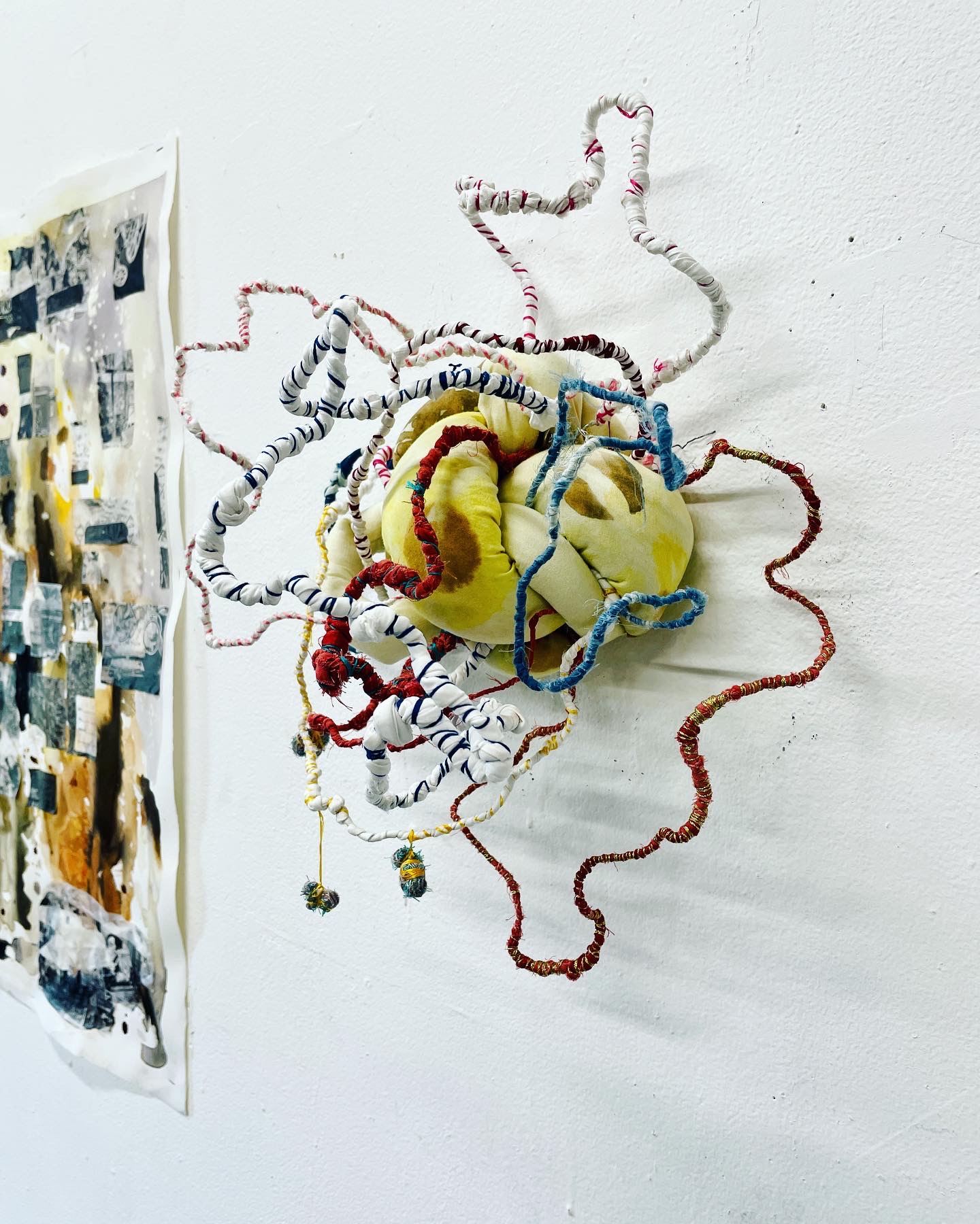 Soft sculpture, wrapped fabric tendrils around a dyed form
